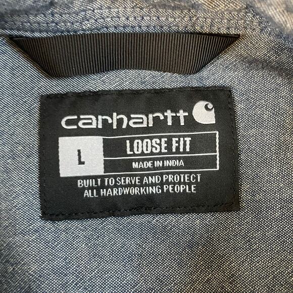 Carhartt Loose Fit Chambray Work Shirt L Blue Cotton Button Front Short Sleeve - Picture 3 of 10